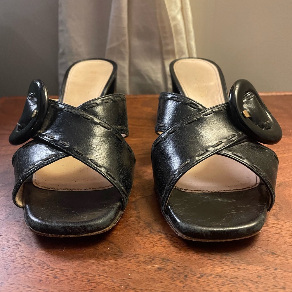 Prada Black Leather Slide Heeled Mules with Oversized Buckle - Picture 3 of 9